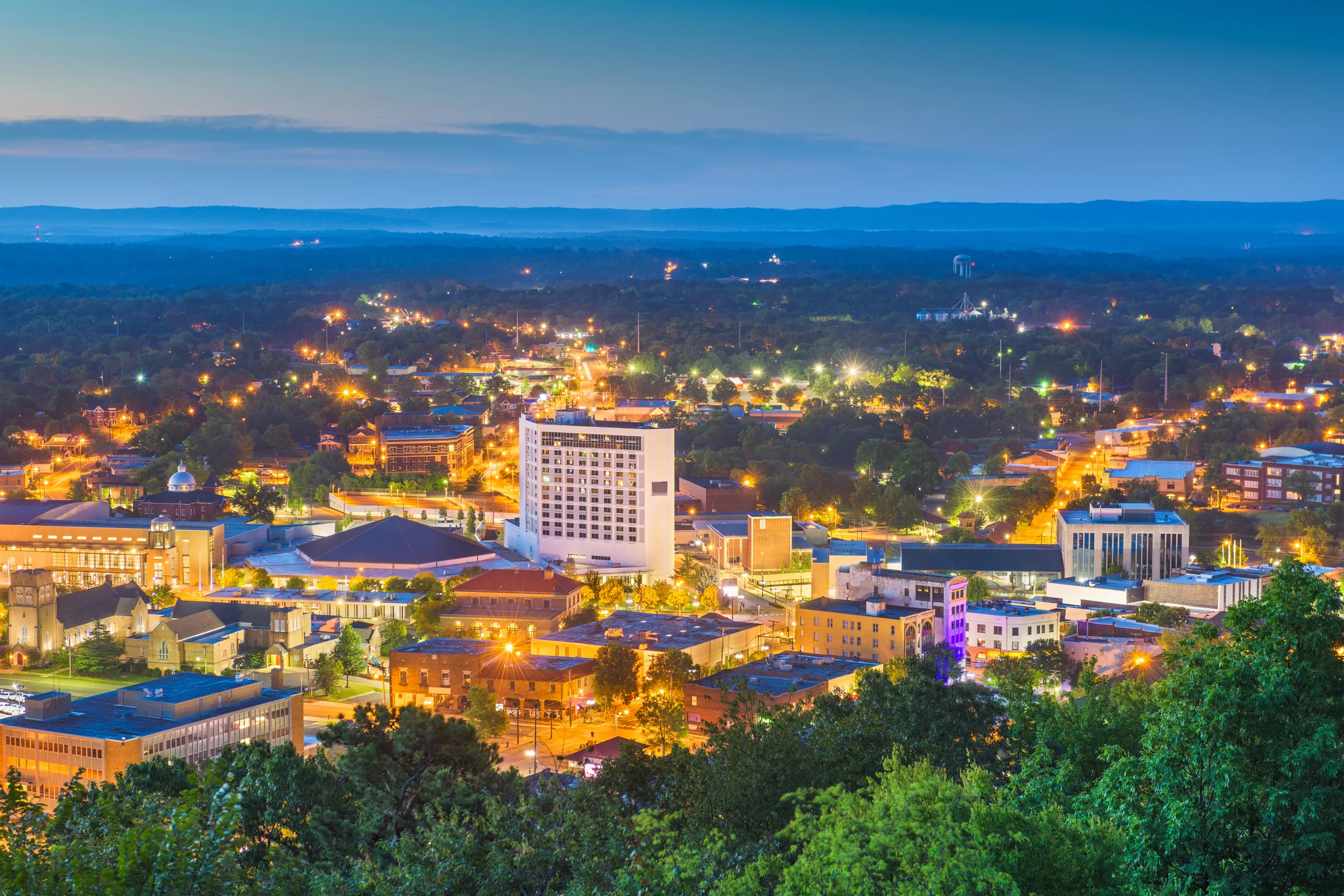 Hot Springs, Arkansas skyline and surrounding hills at dawn