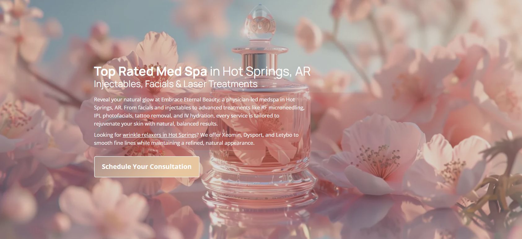 Embrace website homepage with floral imagery, service introduction and consultation button