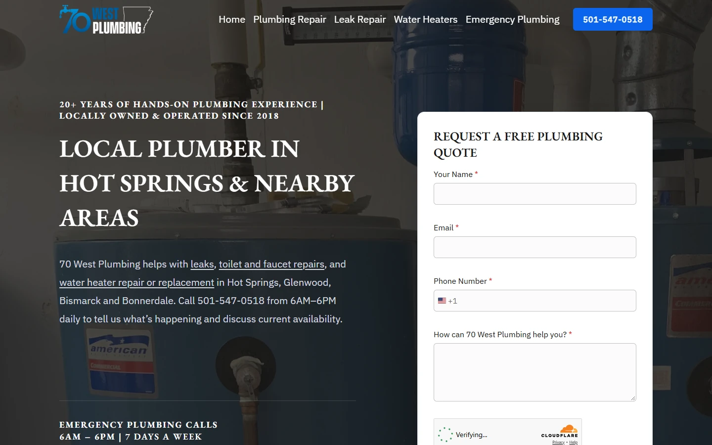 70 West Plumbing website showing its plumbing service hero, navigation, and contact options