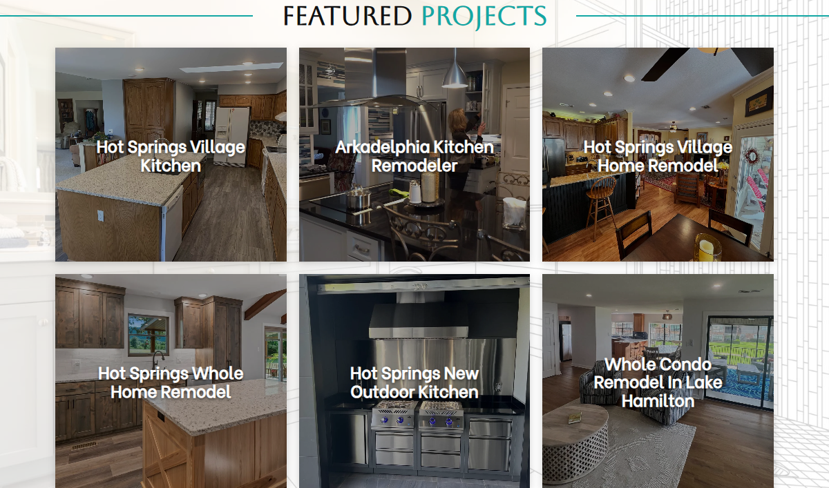 Remodeling website project gallery showing six kitchen and home projects